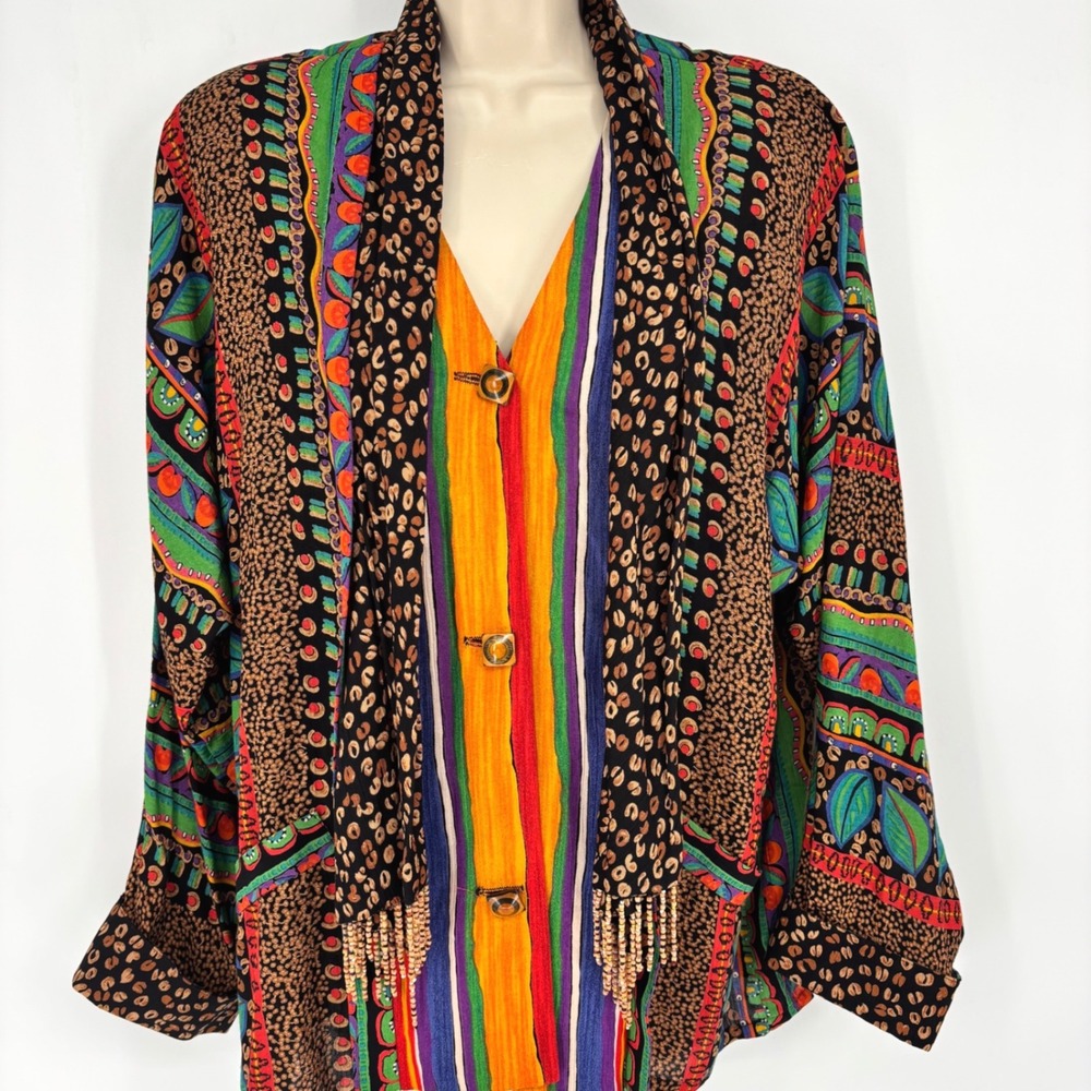 Carole Little Vintage 90s Rayon Gauze Mixed Print Beaded Scarf Blouse Size 12